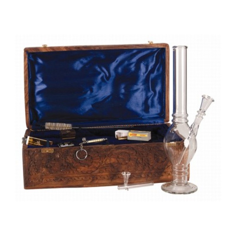 BONG CRISTAL 37CM CON CAJA MADERA LABRADA